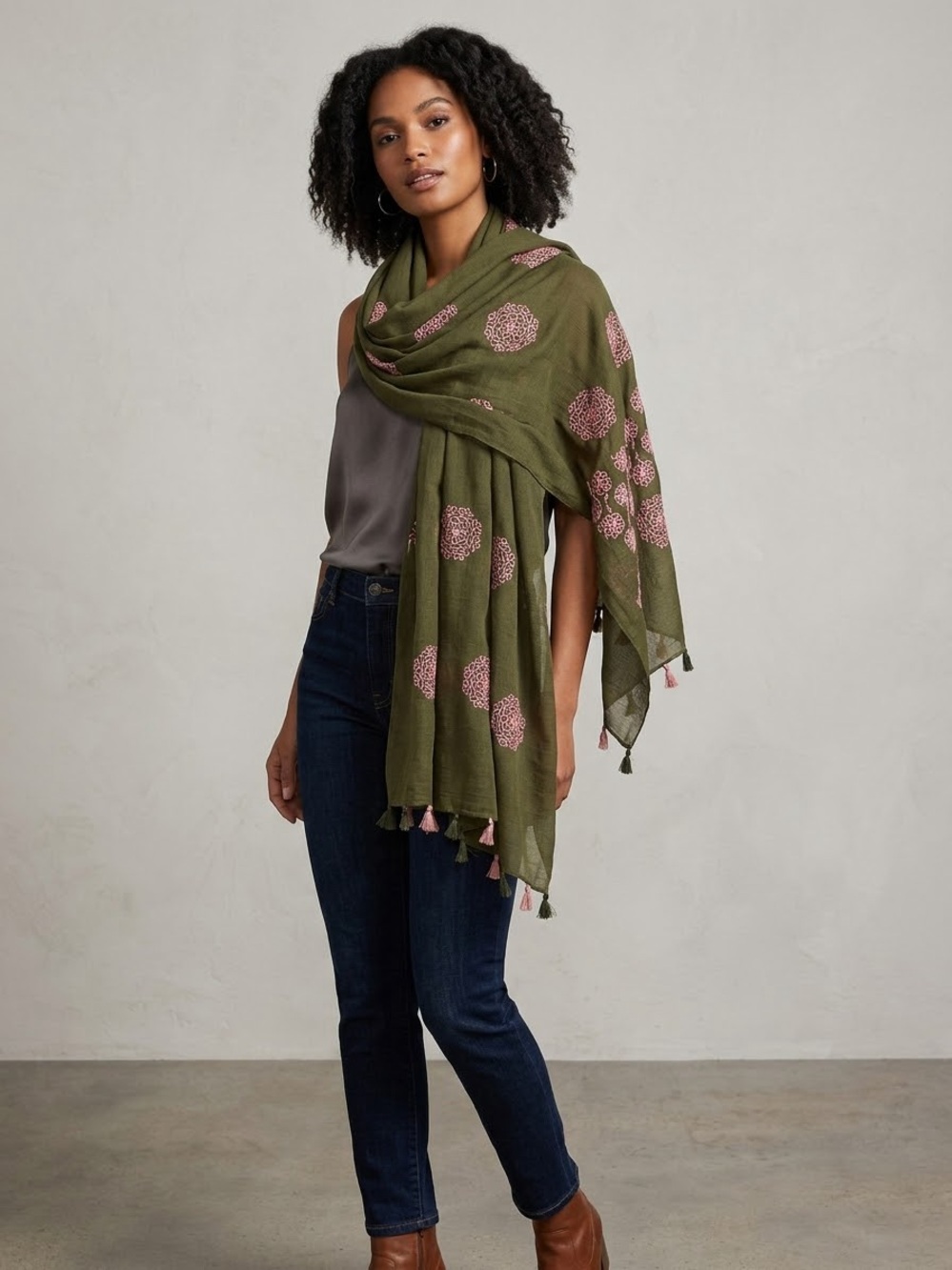 Bohemian Floral Embroidered Green Tassel Scarf Wrap